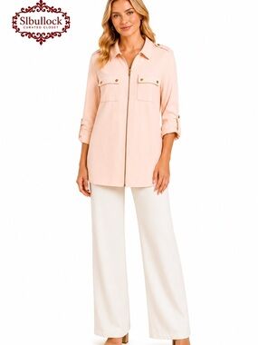 Belle by Kim Gravel Pale Pink Zip Front Tunic Jacket NWOT Rose Gold Hardware Med
